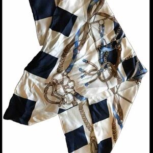 100% Silk Nautical Equestrian Scarf – Navy Blue & White Chain Rope Print – Made